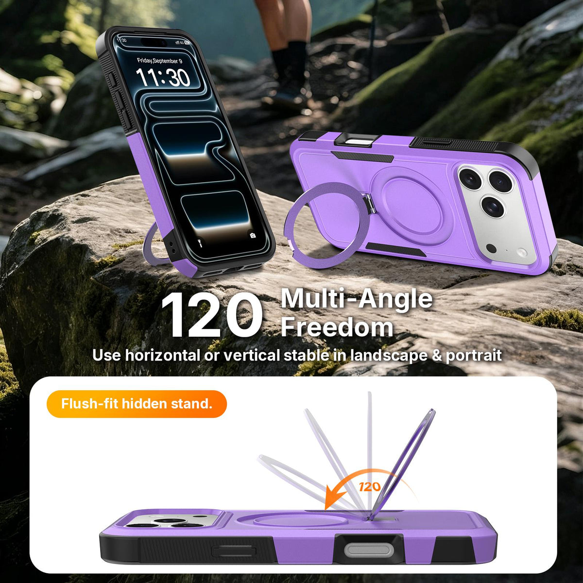 Compatible with iPhone 18 Pro Max Shockproof Protective TPU Dual-Layer PC Ring Holder Magnetic Phone Case - Purple