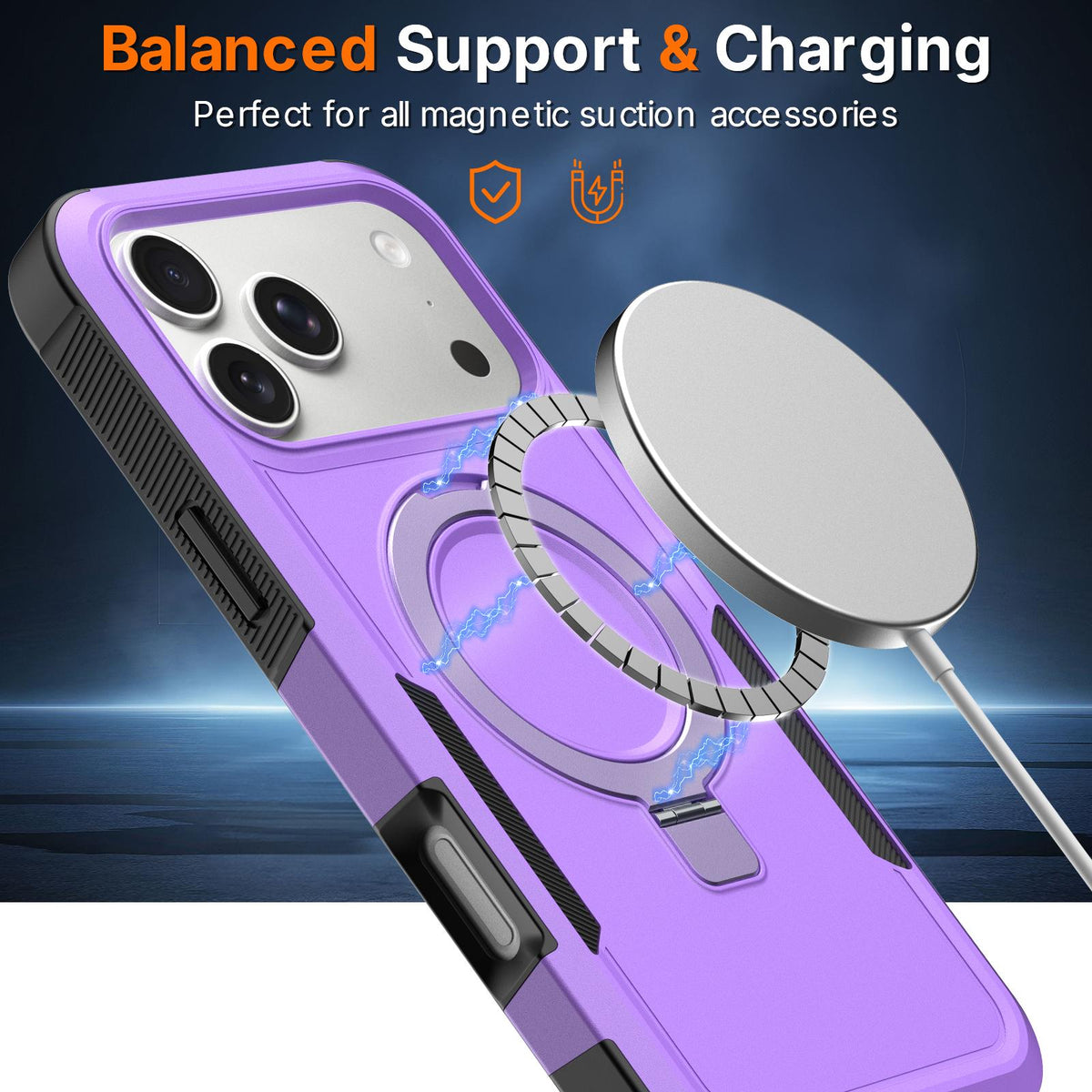 Compatible with iPhone 18 Pro Max Shockproof Protective TPU Dual-Layer PC Ring Holder Magnetic Phone Case - Purple