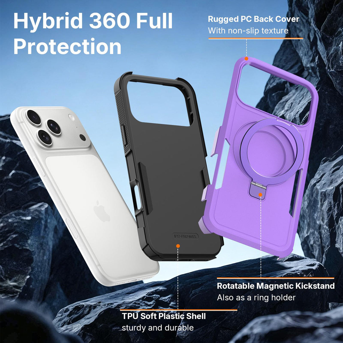 Compatible with iPhone 18 Pro Max Shockproof Protective TPU Dual-Layer PC Ring Holder Magnetic Phone Case - Purple