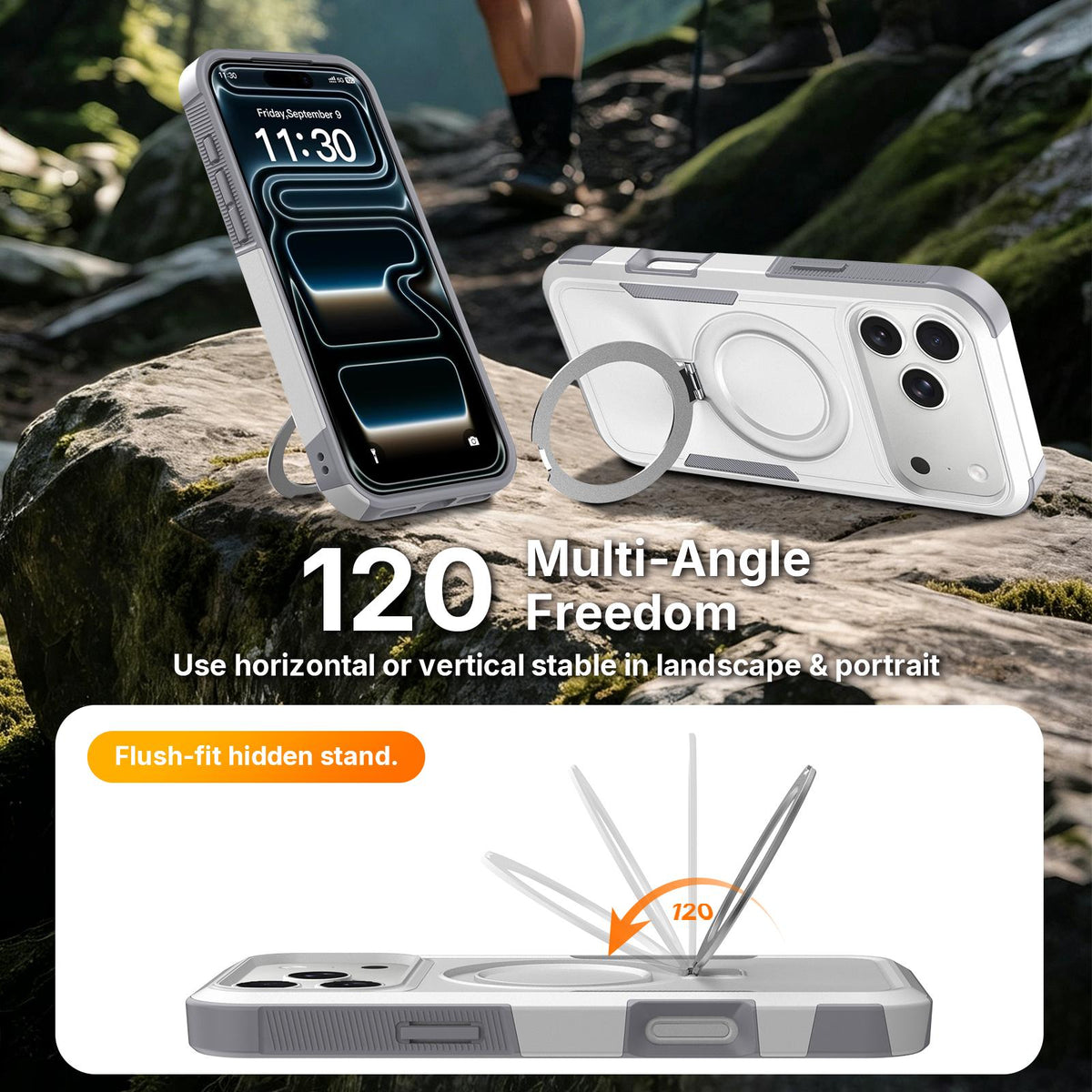 Compatible with iPhone 18 Pro Max Shockproof Protective TPU Dual-Layer PC Ring Holder Magnetic Phone Case - White