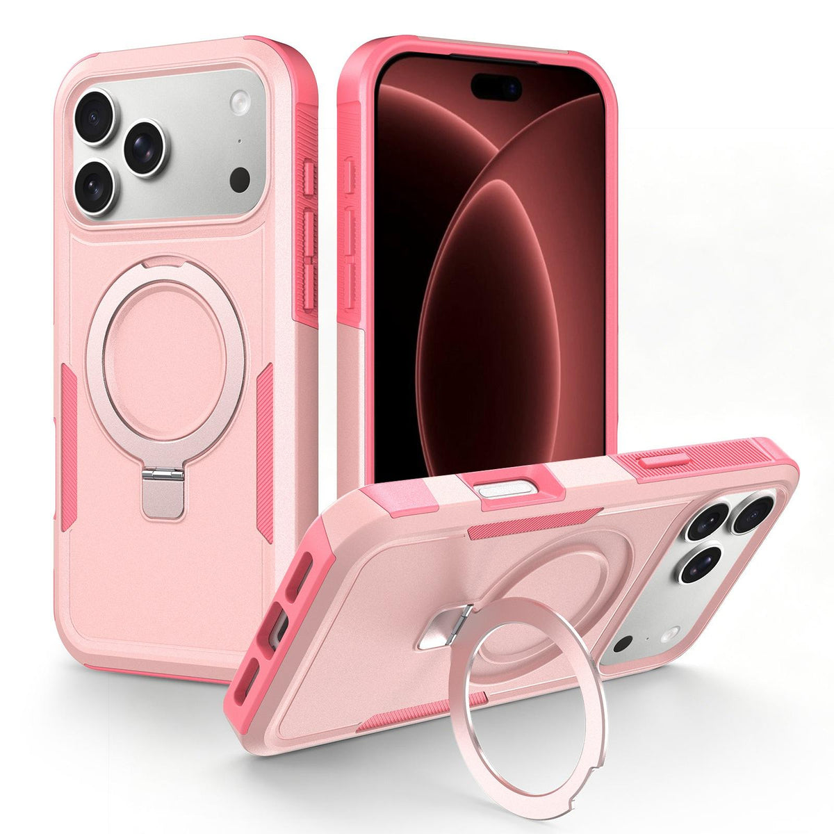 Compatible with iPhone 18 Pro Max Shockproof Protective TPU Dual-Layer PC Ring Holder Magnetic Phone Case - Pink