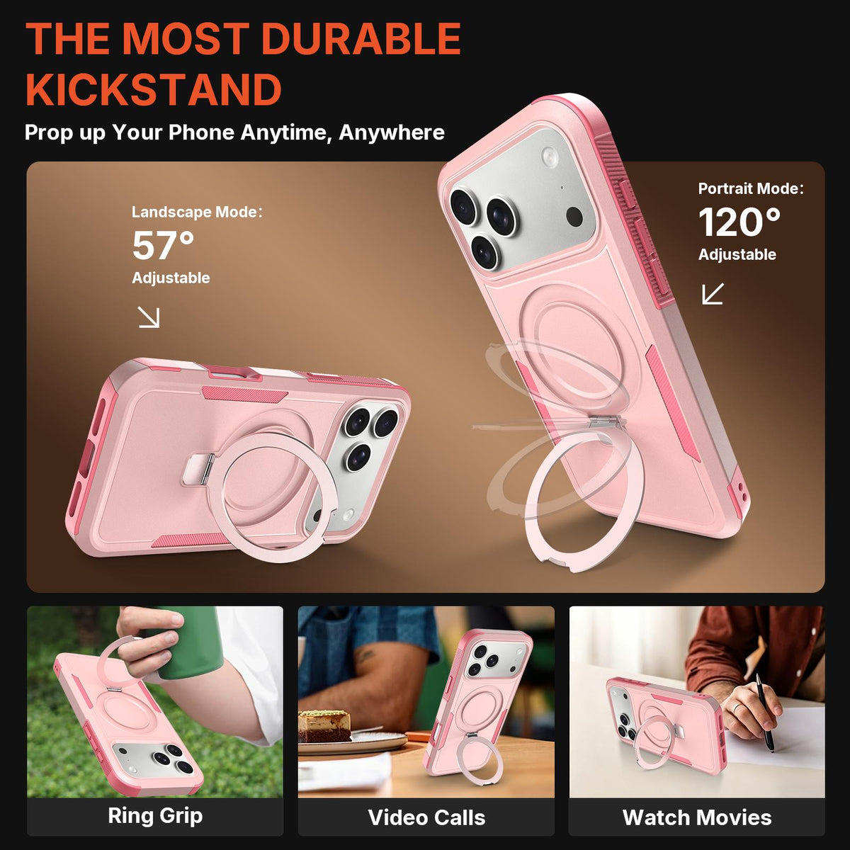 Compatible with iPhone 18 Pro Max Shockproof Protective TPU Dual-Layer PC Ring Holder Magnetic Phone Case - Pink