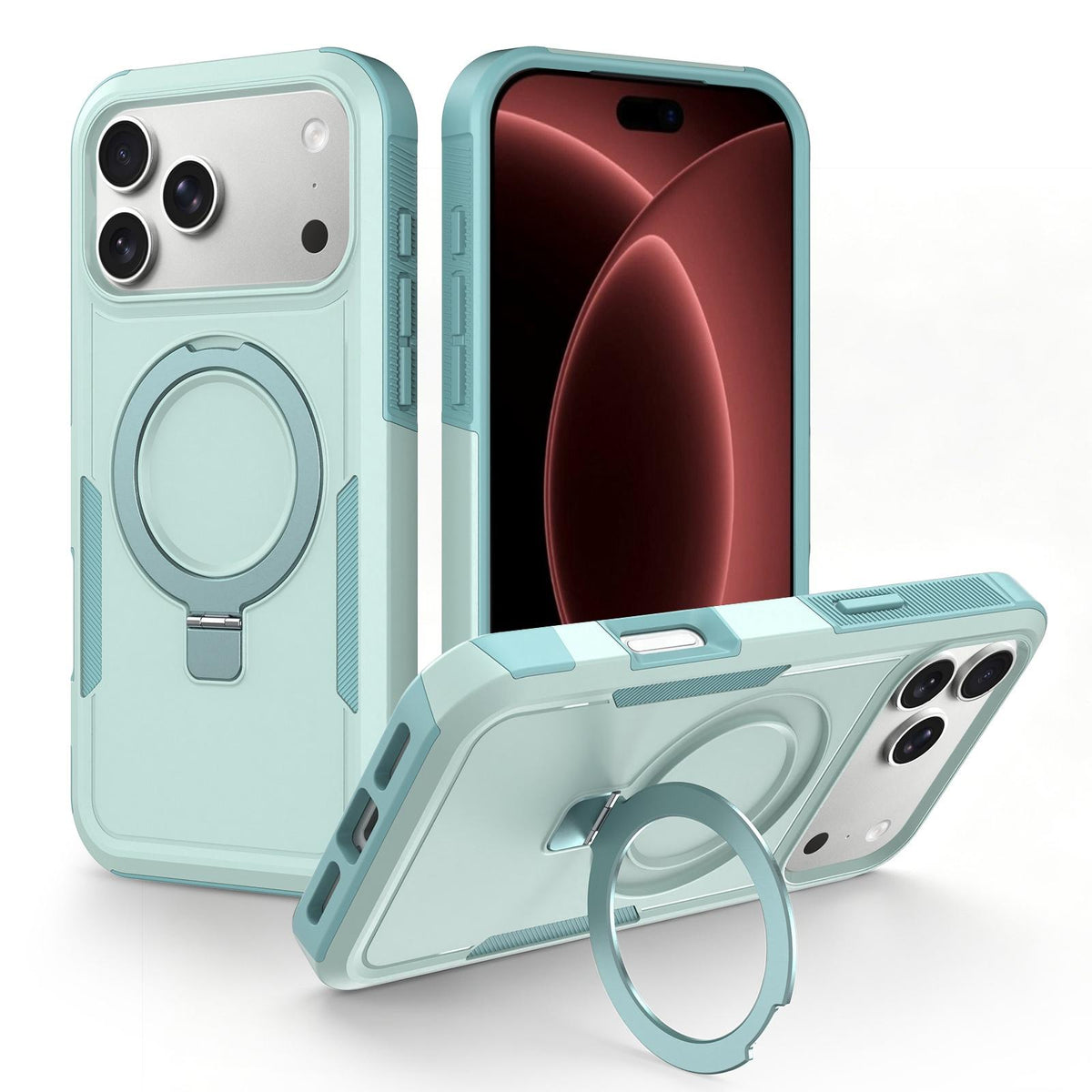 Compatible with iPhone 18 Pro Max Shockproof Protective TPU Dual-Layer PC Ring Holder Magnetic Phone Case - Cyan