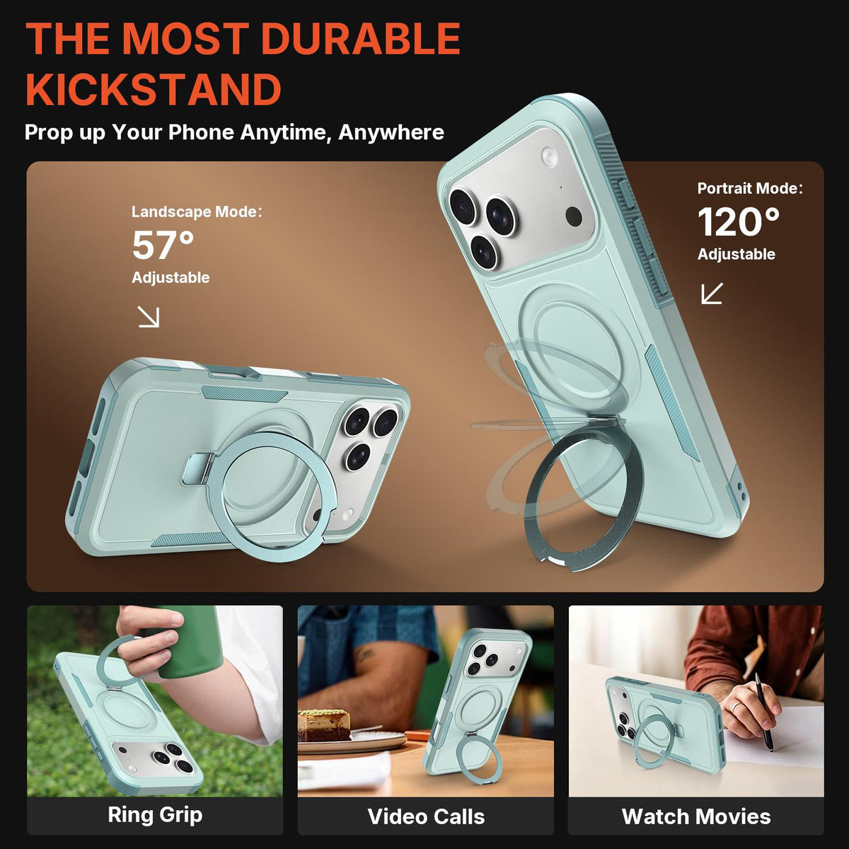 Compatible with iPhone 18 Pro Max Shockproof Protective TPU Dual-Layer PC Ring Holder Magnetic Phone Case - Cyan
