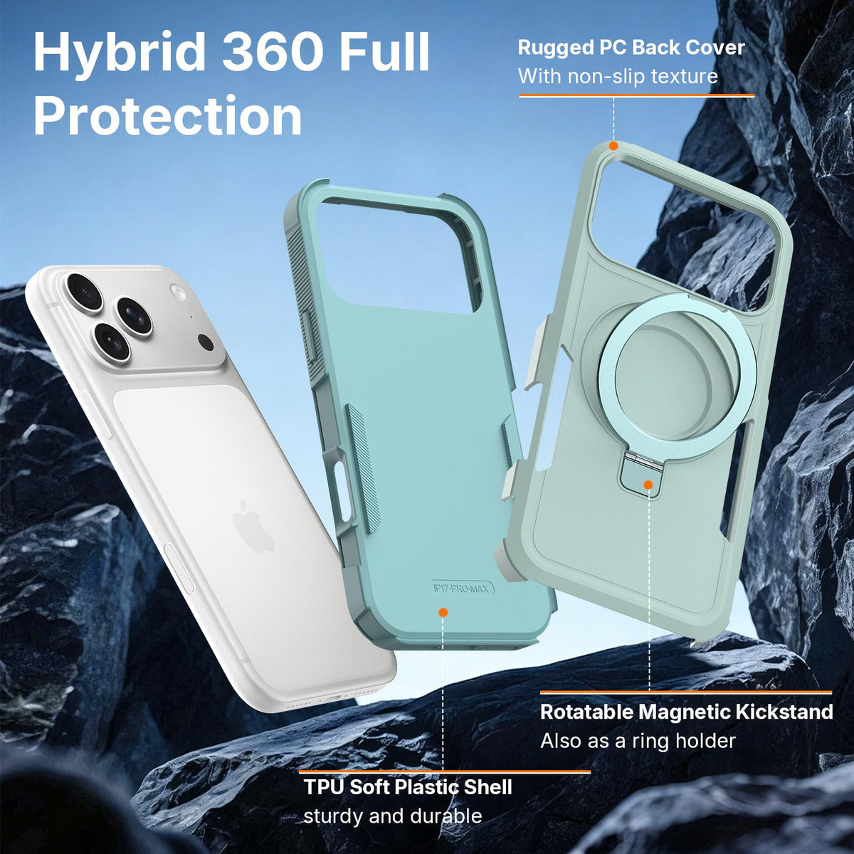 Compatible with iPhone 18 Pro Max Shockproof Protective TPU Dual-Layer PC Ring Holder Magnetic Phone Case - Cyan