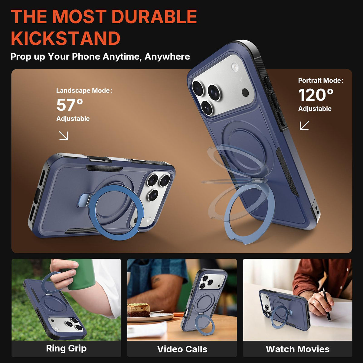 Compatible with iPhone 18 Pro Max Shockproof Protective TPU Dual-Layer PC Ring Holder Magnetic Phone Case - Blue
