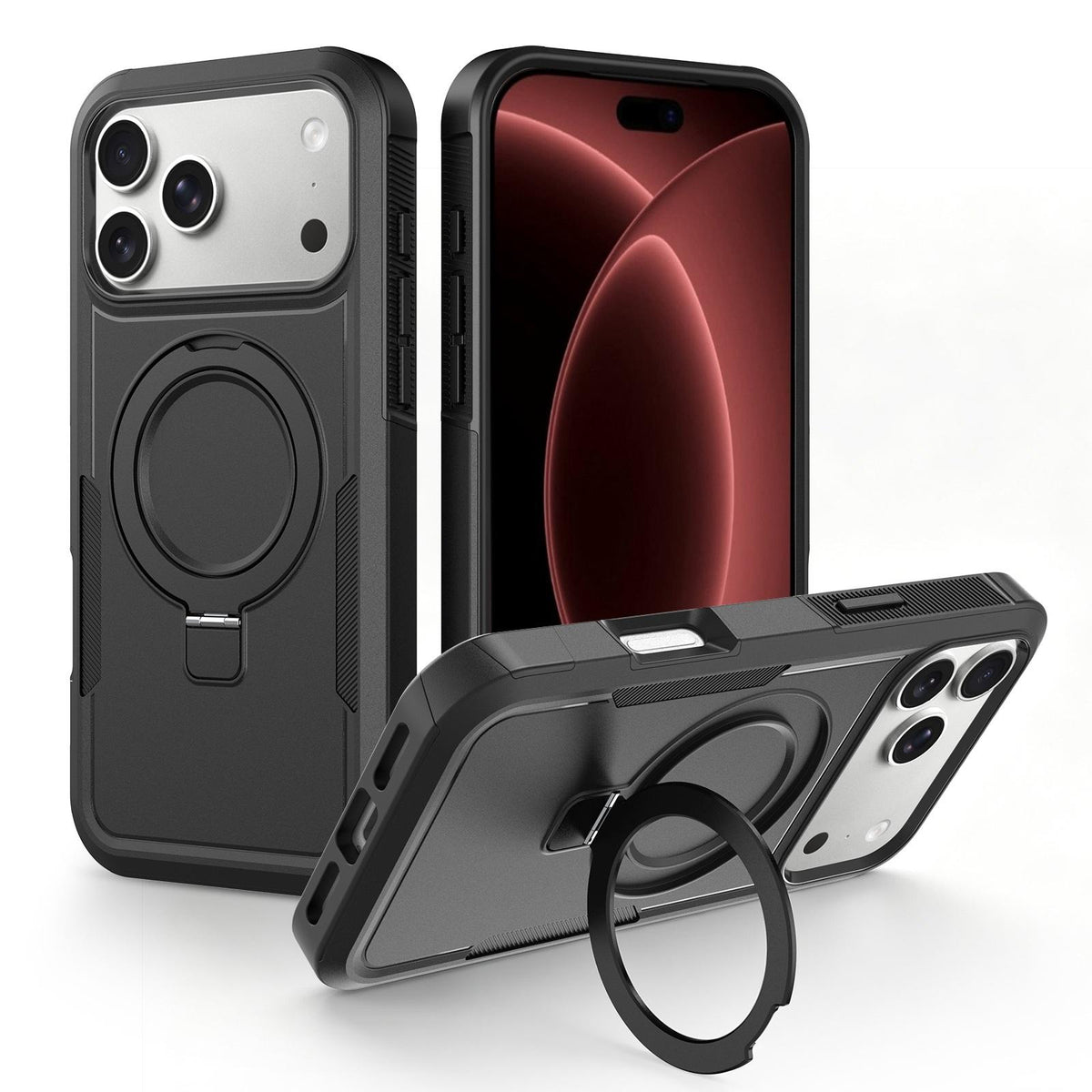 Compatible with iPhone 18 Pro Max Shockproof Protective TPU Dual-Layer PC Ring Holder Magnetic Phone Case - Black