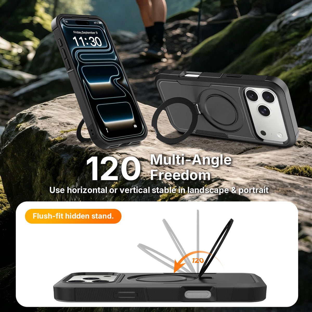 Compatible with iPhone 18 Pro Max Shockproof Protective TPU Dual-Layer PC Ring Holder Magnetic Phone Case - Black