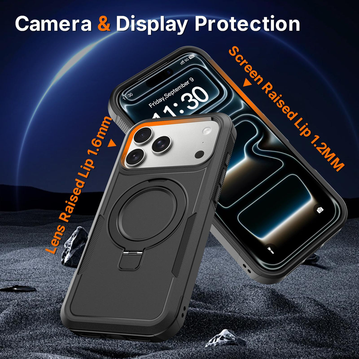 Compatible with iPhone 18 Pro Max Shockproof Protective TPU Dual-Layer PC Ring Holder Magnetic Phone Case - Black