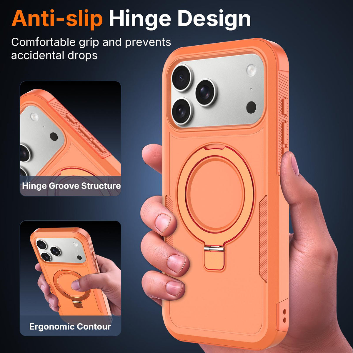 Compatible with iPhone 18 Pro Max Shockproof Protective TPU Dual-Layer PC Ring Holder Magnetic Phone Case - Orange