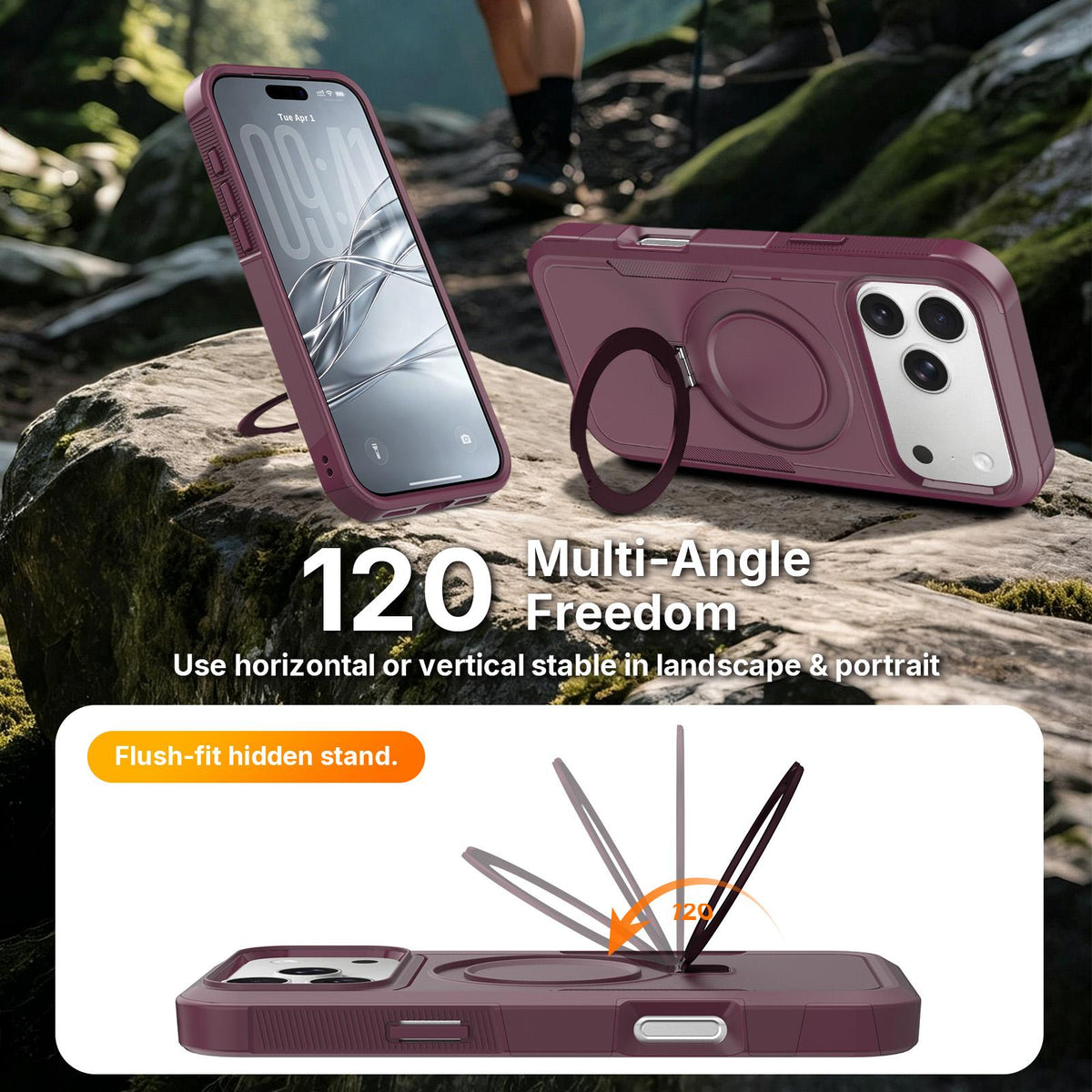 Compatible with iPhone 18 Pro Max Shockproof Protective TPU Dual-Layer PC Ring Holder Magnetic Phone Case - Wine Red