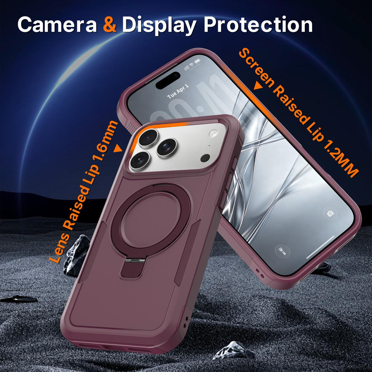 Compatible with iPhone 18 Pro Max Shockproof Protective TPU Dual-Layer PC Ring Holder Magnetic Phone Case - Wine Red