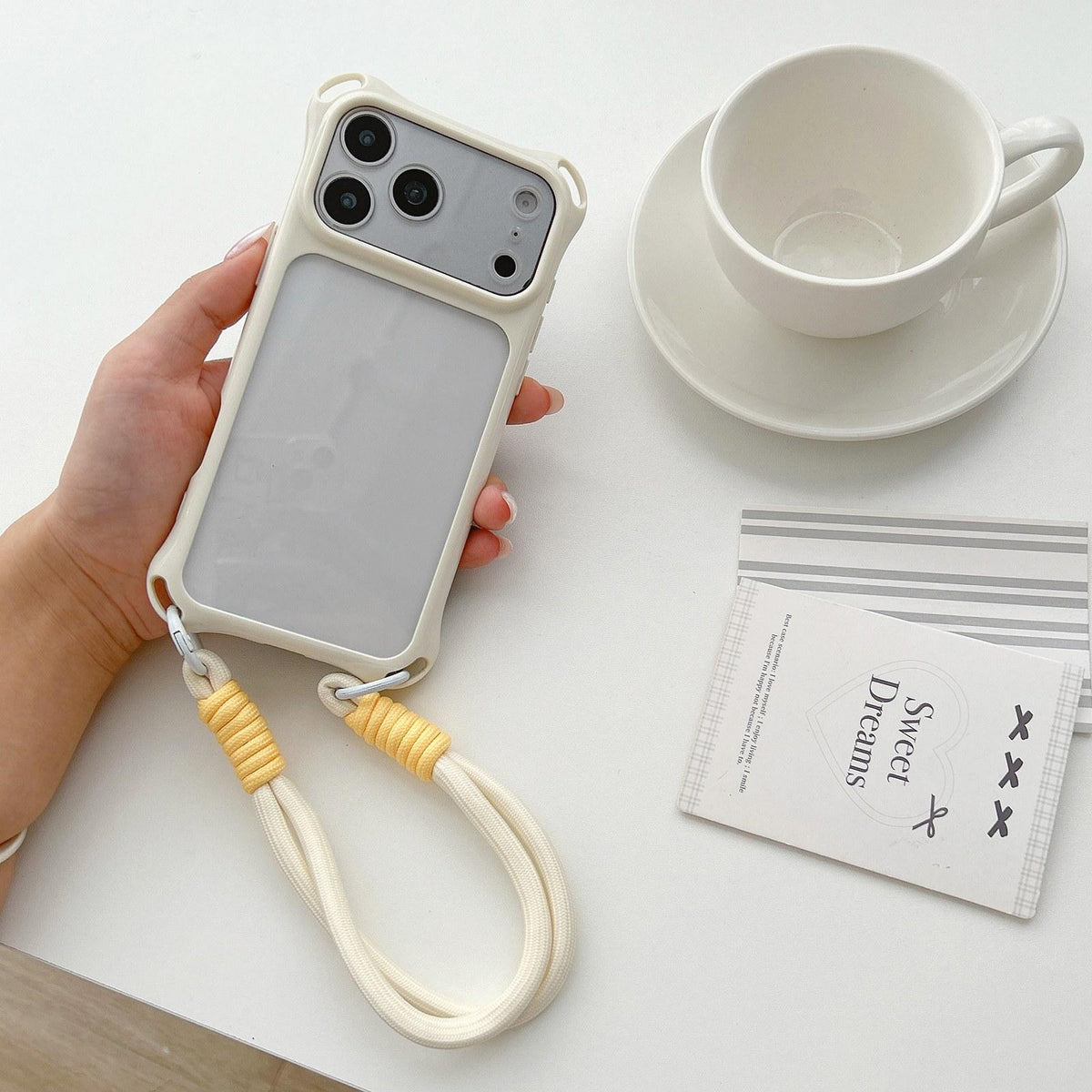 Compatible with iPhone 18 Pro Max Four-corners Lanyard Holes Acrylic Dual-Layer TPU Phone Case with Hand Strap - White