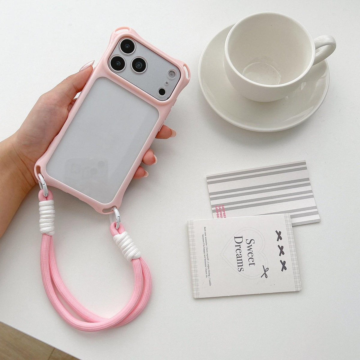 Compatible with iPhone 18 Pro Max Four-corners Lanyard Holes Acrylic Dual-Layer TPU Phone Case with Hand Strap - Light Pink