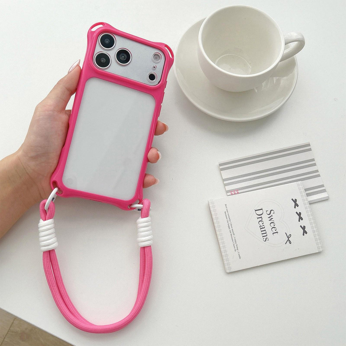 Compatible with iPhone 18 Pro Max Four-corners Lanyard Holes Acrylic Dual-Layer TPU Phone Case with Hand Strap - Rose Red
