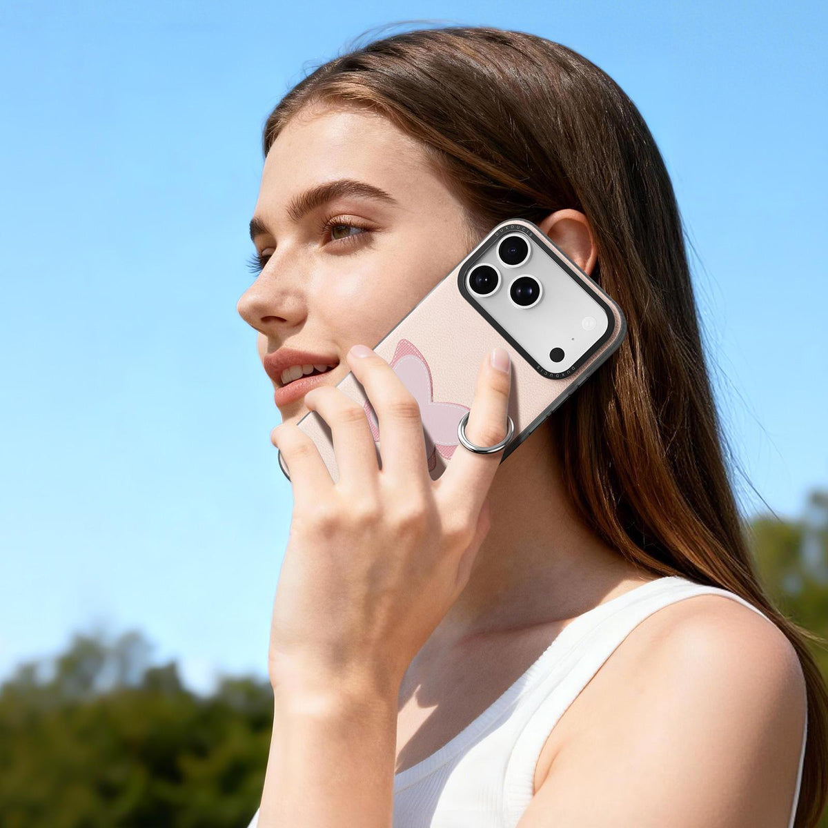 Compatible with iPhone 18 Pro Max & 17 Pro Max DUX DUCIS LUVY Series Ring Phone Case with Lanyard - Light Pink Butterfly