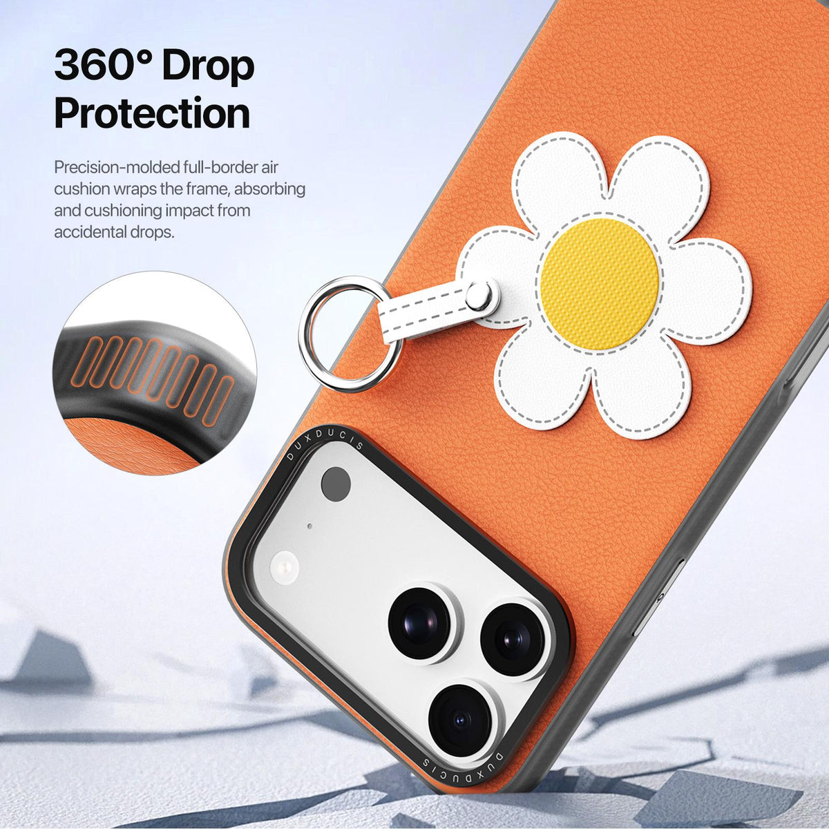 Compatible with iPhone 18 Pro Max & 17 Pro Max DUX DUCIS LUVY Series Ring Phone Case with Lanyard - Warm Orange Daisy