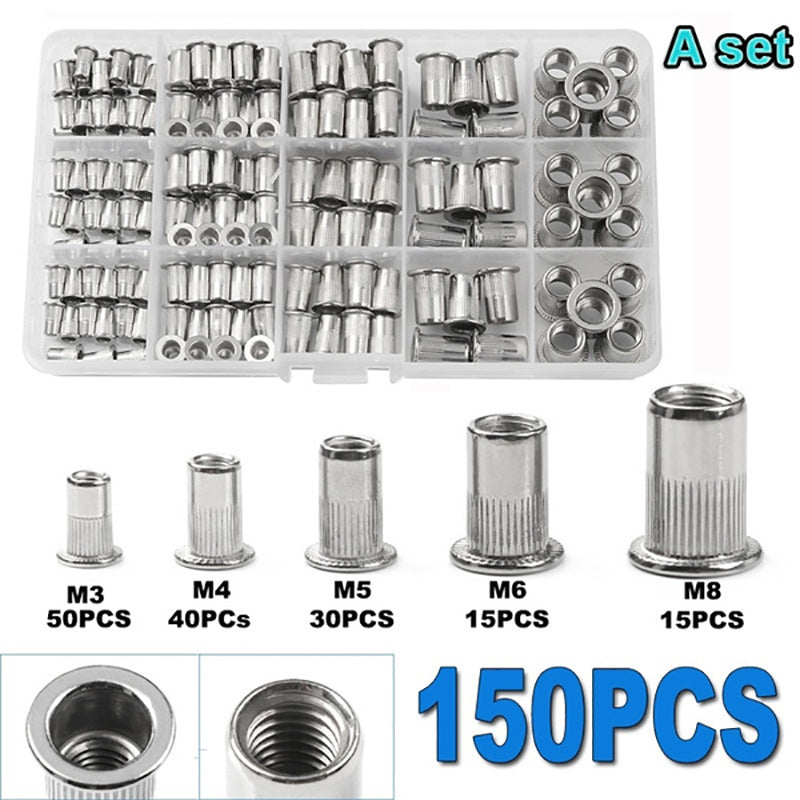 150-Piece Aluminum Rivet Nut Assortment Kit – M3 to M12 Threaded Insert Nuts