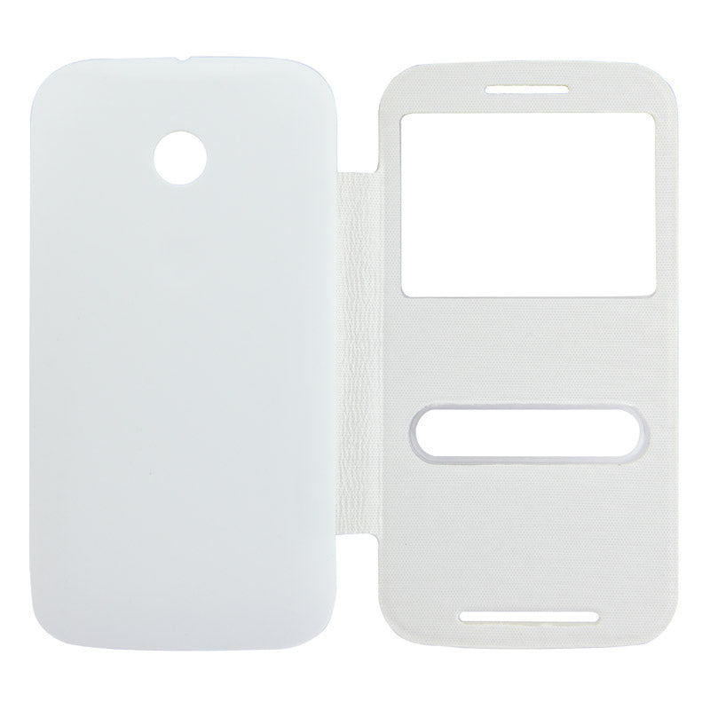 Horizontal Flip Leather Case + Plastic Back Cover with Call Display ID for Moto E(White)