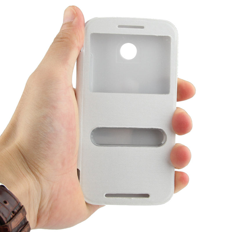 Horizontal Flip Leather Case + Plastic Back Cover with Call Display ID for Moto E(White)