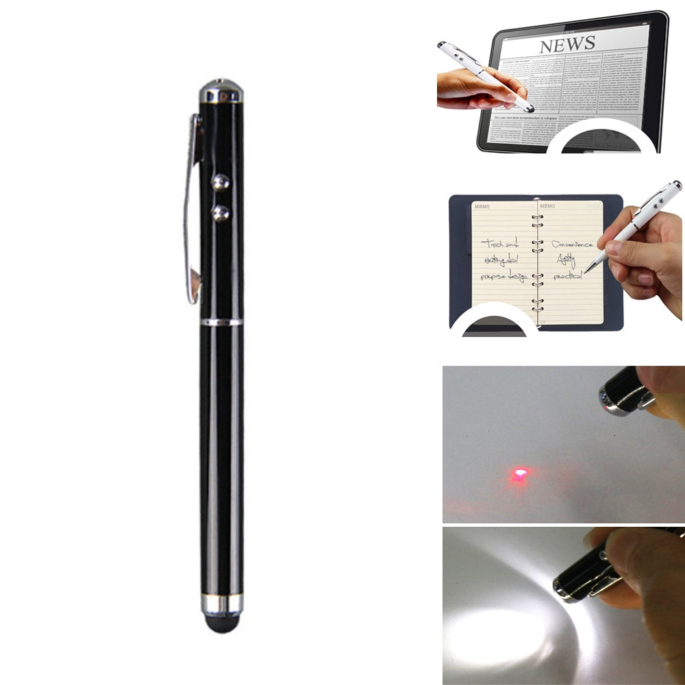 At-16 4 in 1 Mobile Phone Tablet Universal Handwriting Touch Screen Pen with Common Writing Pen & Red Laser & LED Light Function(Black)