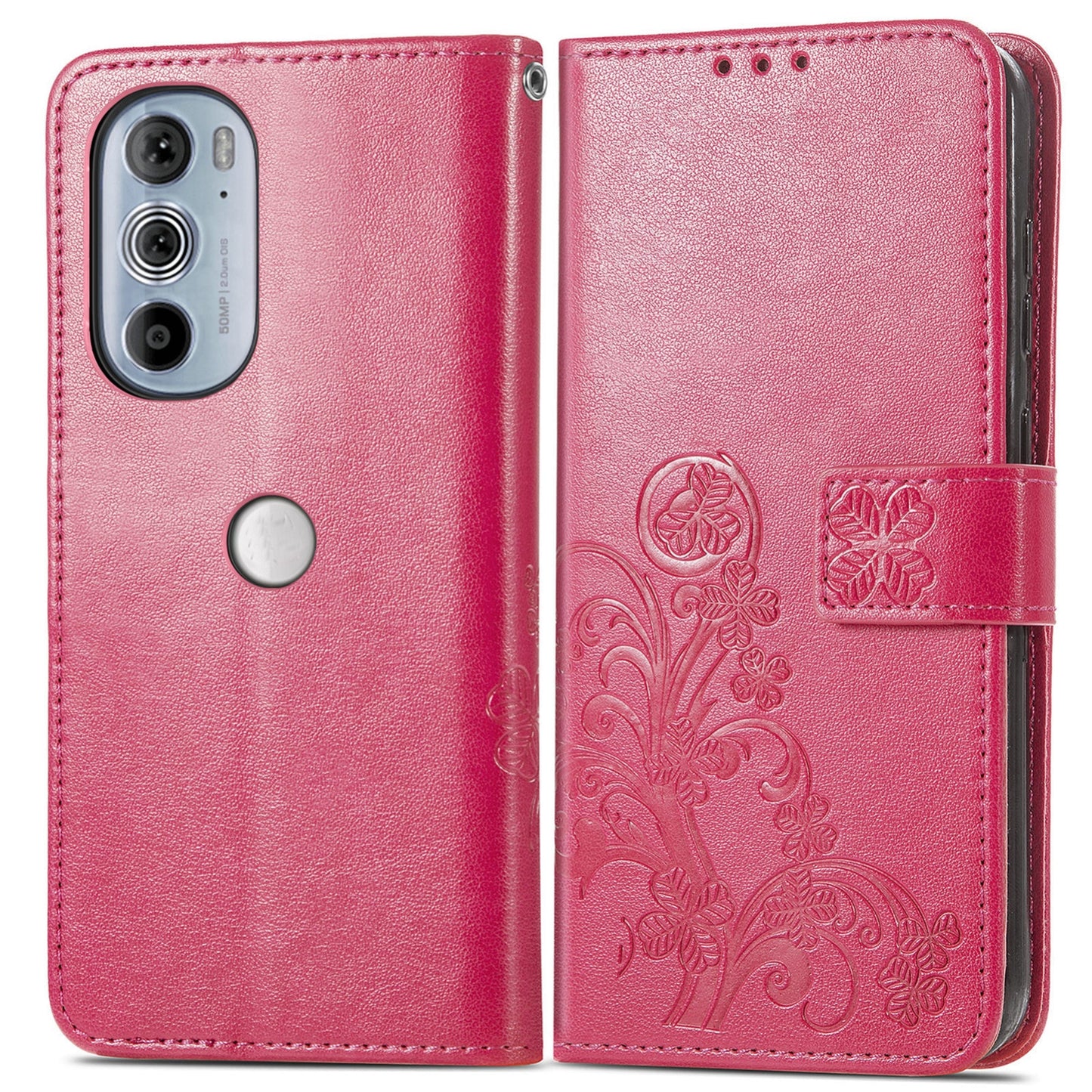 For Motorola Edge 30 Pro Four-leaf Clasp Embossed Buckle Leather Phone Case(Rose Red)