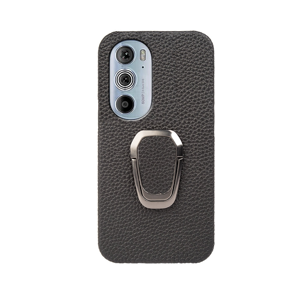For Motorola Moto Edge 30 Pro Ring Holder Litchi Texture Genuine Leather Phone Case(Black)