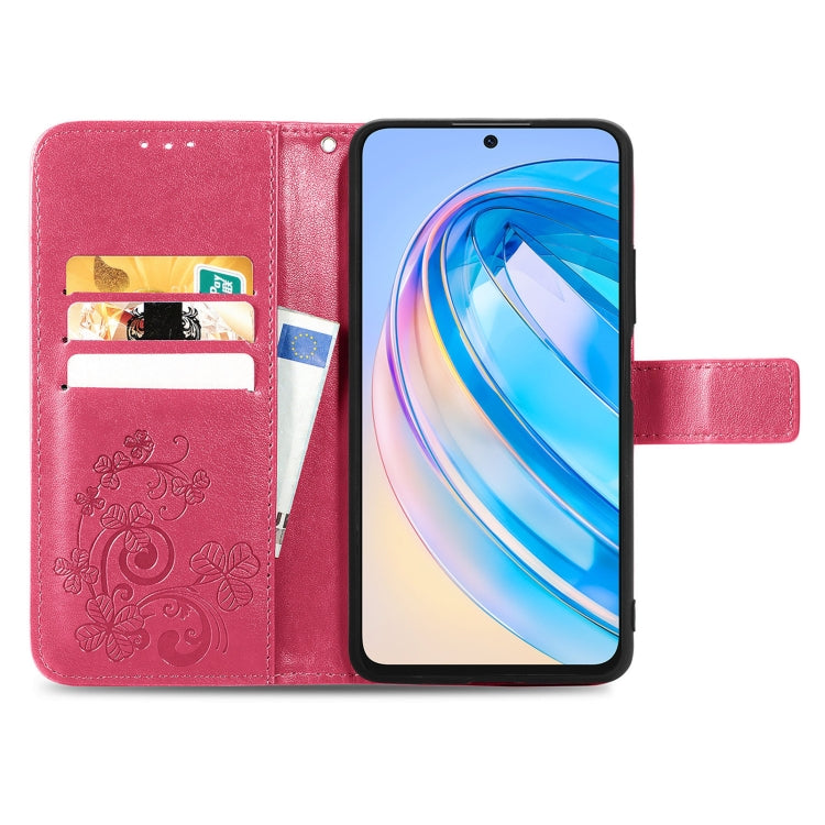 For Honor X6A Four-leaf Clasp Embossed Leather Phone Case(Magenta)