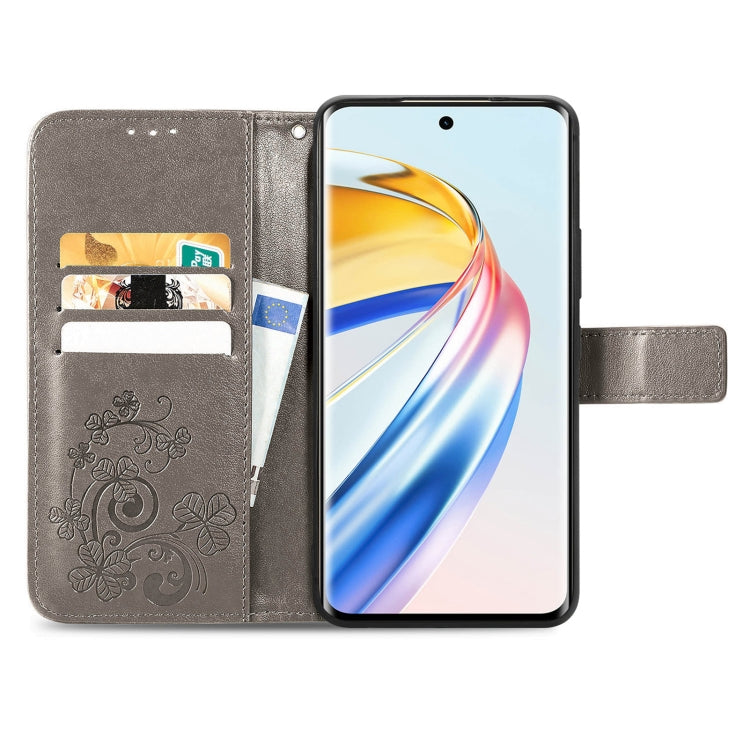 For Honor X9b Four-leaf Clasp Embossed Leather Phone Case(Gray)