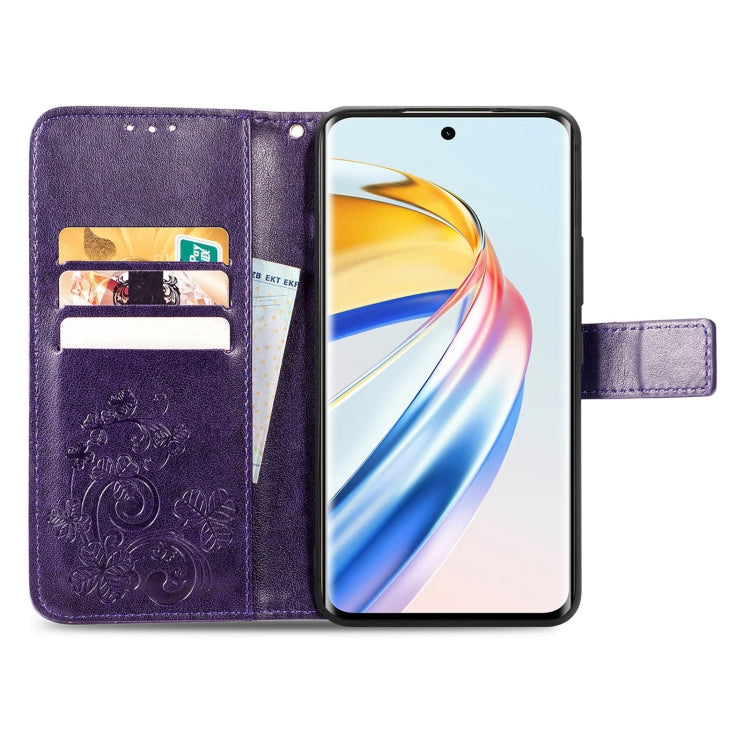 For Honor X9b Four-leaf Clasp Embossed Leather Phone Case(Purple)