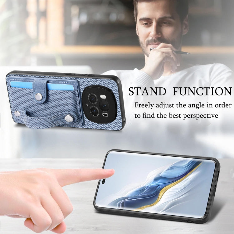 For Honor Magic6 Pro 5G Wristband Kickstand Card Wallet Back Cover Phone Case with Tool Knife(Blue)