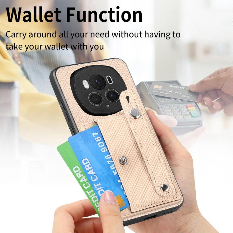 For Honor Magic6 Pro 5G Wristband Kickstand Card Wallet Back Cover Phone Case with Tool Knife(Khaki)