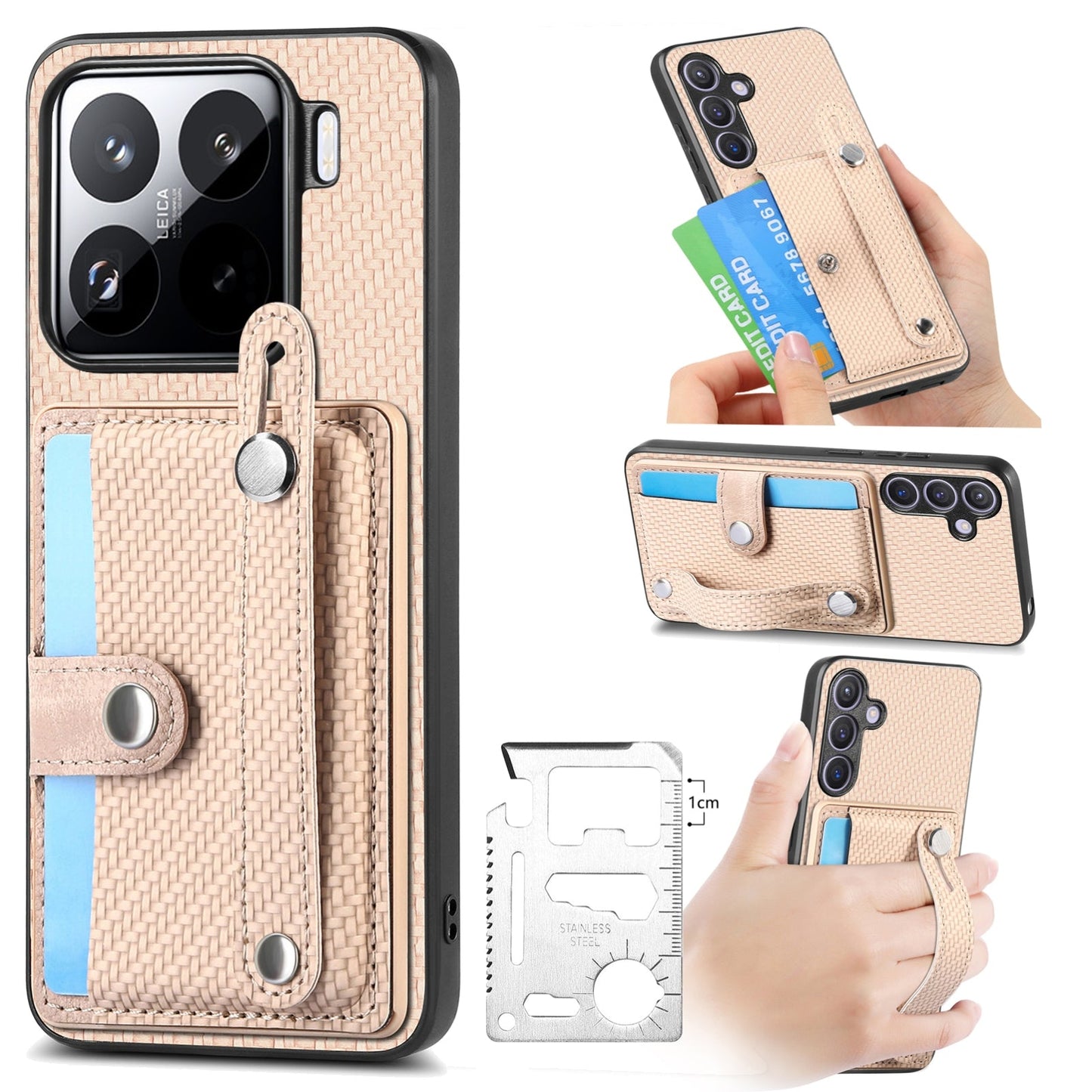 For Xiaomi 15 Wristband Kickstand Card Wallet Back Phone Case with Tool Knife(Khaki)
