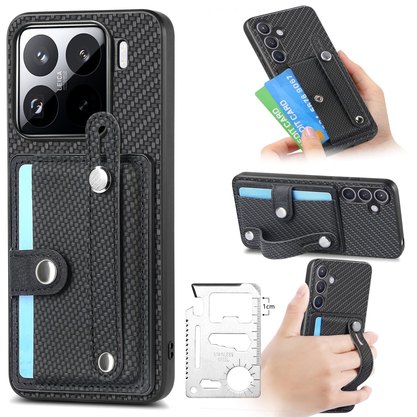For Xiaomi 15 Pro Wristband Kickstand Card Wallet Back Phone Case with Tool Knife(Black)