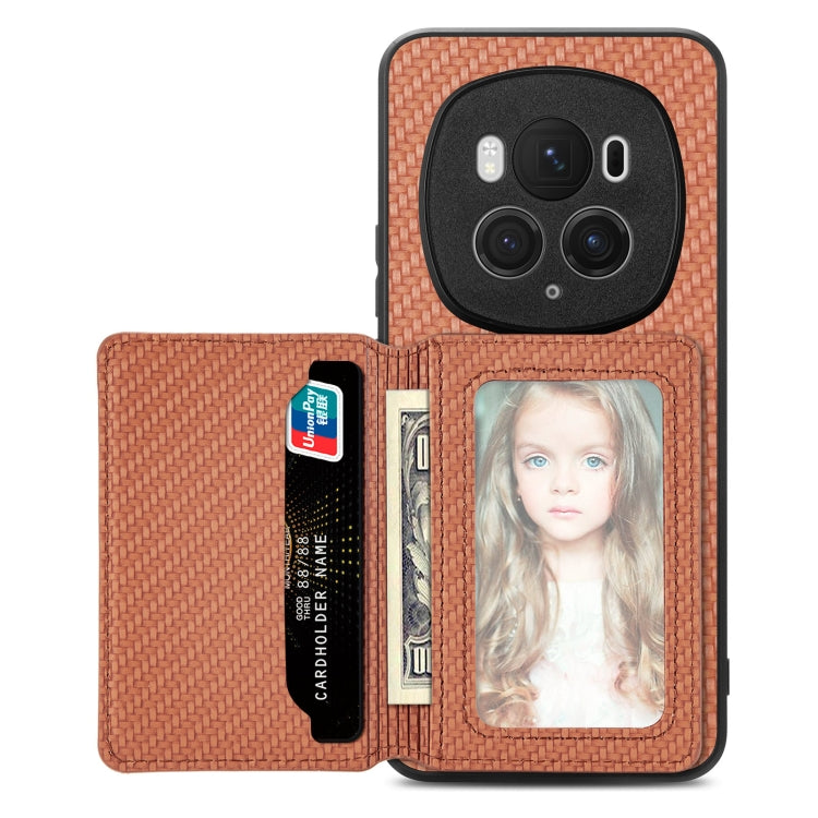 For Honor Magic6 Pro Carbon Fiber Magnetic Card Bag Phone Case(Brown)