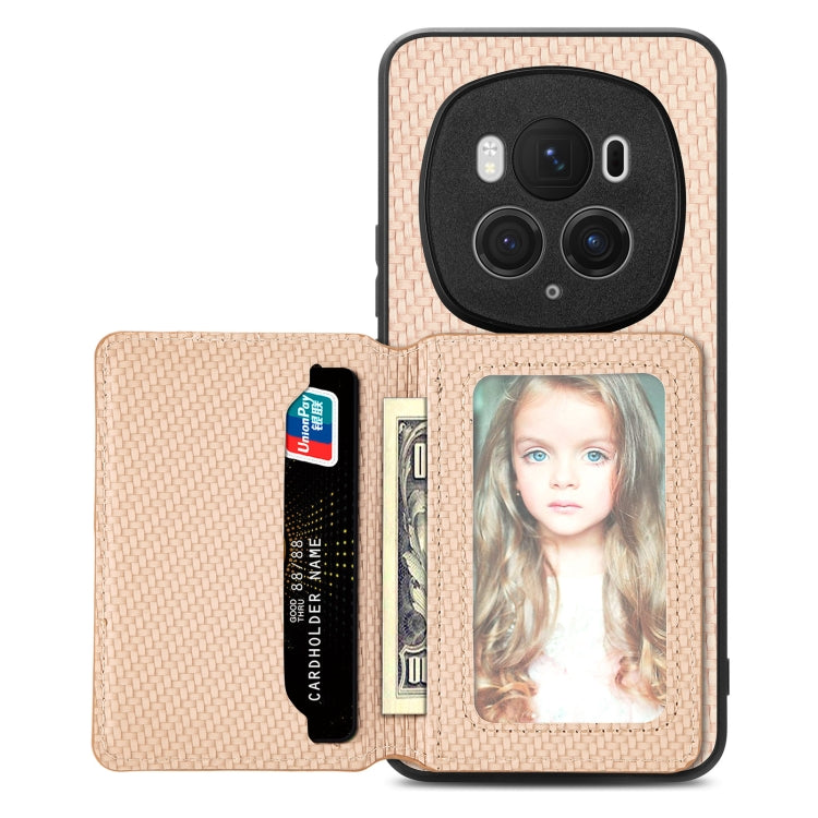 For Honor Magic6 Pro Carbon Fiber Magnetic Card Bag Phone Case(Khaki)