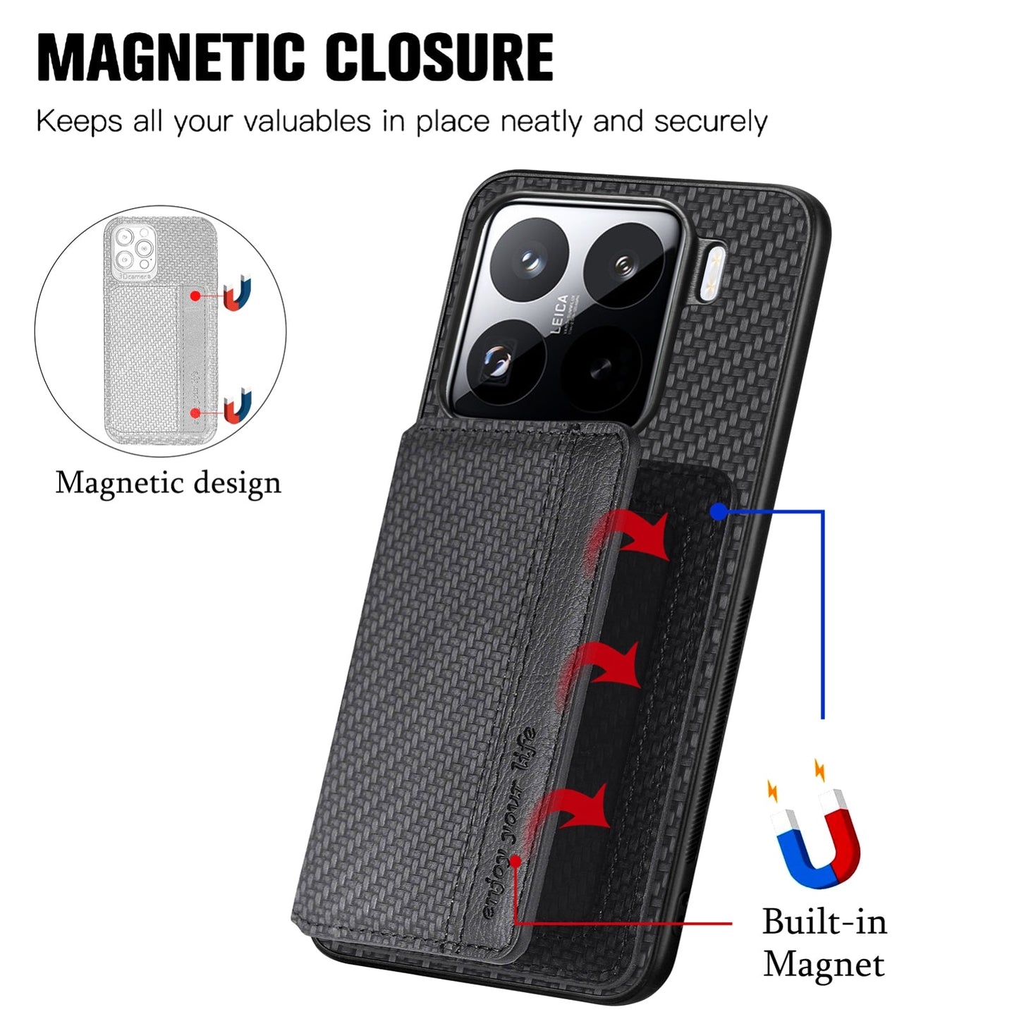 For Xiaomi 15 Pro Carbon Fiber Magnetic Card Bag Phone Case(Black)