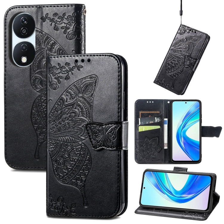 For Honor X7b Butterfly Love Flower Embossed Leather Phone Case(Black)