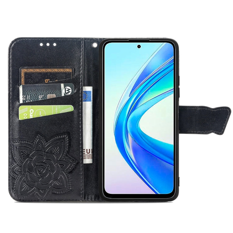 For Honor X7b Butterfly Love Flower Embossed Leather Phone Case(Black)