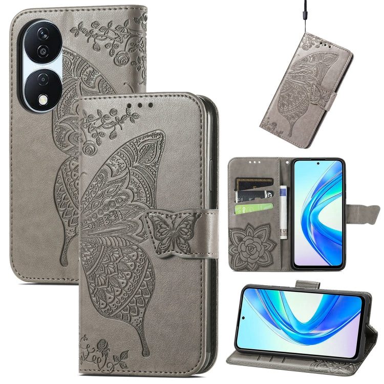 For Honor X7b Butterfly Love Flower Embossed Leather Phone Case(Gray)