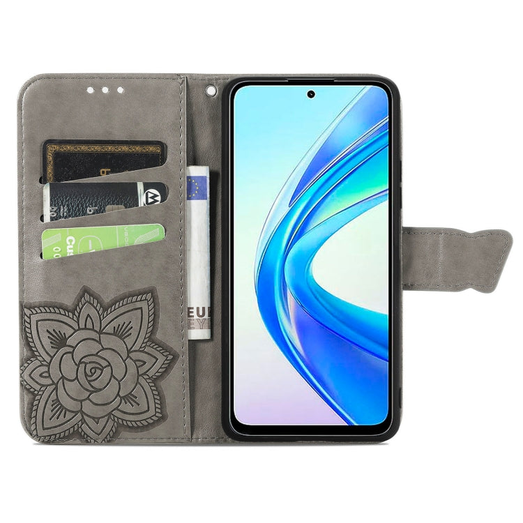 For Honor X7b Butterfly Love Flower Embossed Leather Phone Case(Gray)