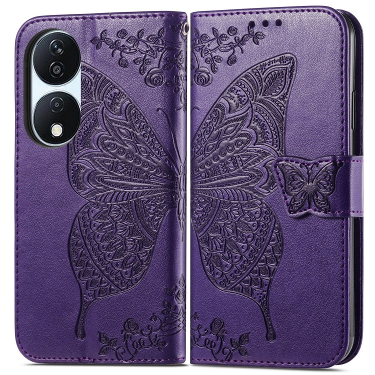 For Honor X7b Butterfly Love Flower Embossed Leather Phone Case(Dark Purple)