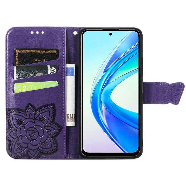 For Honor X7b Butterfly Love Flower Embossed Leather Phone Case(Dark Purple)