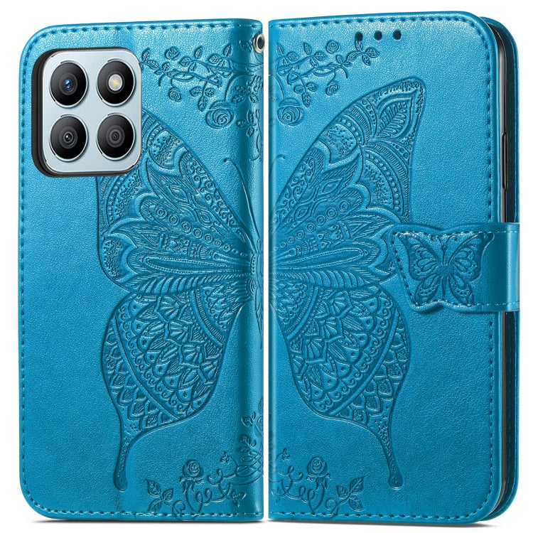 For Honor X8b Butterfly Love Flower Embossed Leather Phone Case(Blue)