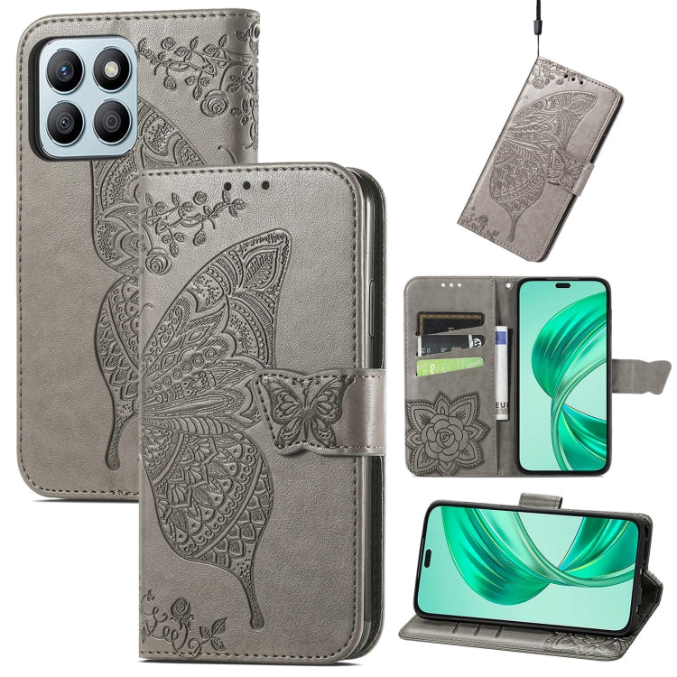 For Honor X8b Butterfly Love Flower Embossed Leather Phone Case(Gray)