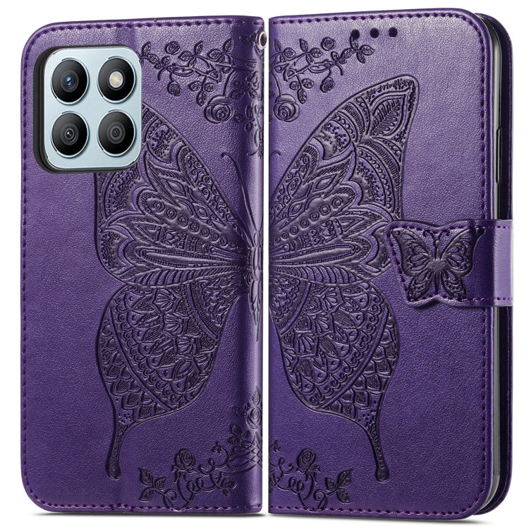 For Honor X8b Butterfly Love Flower Embossed Leather Phone Case(Dark Purple)