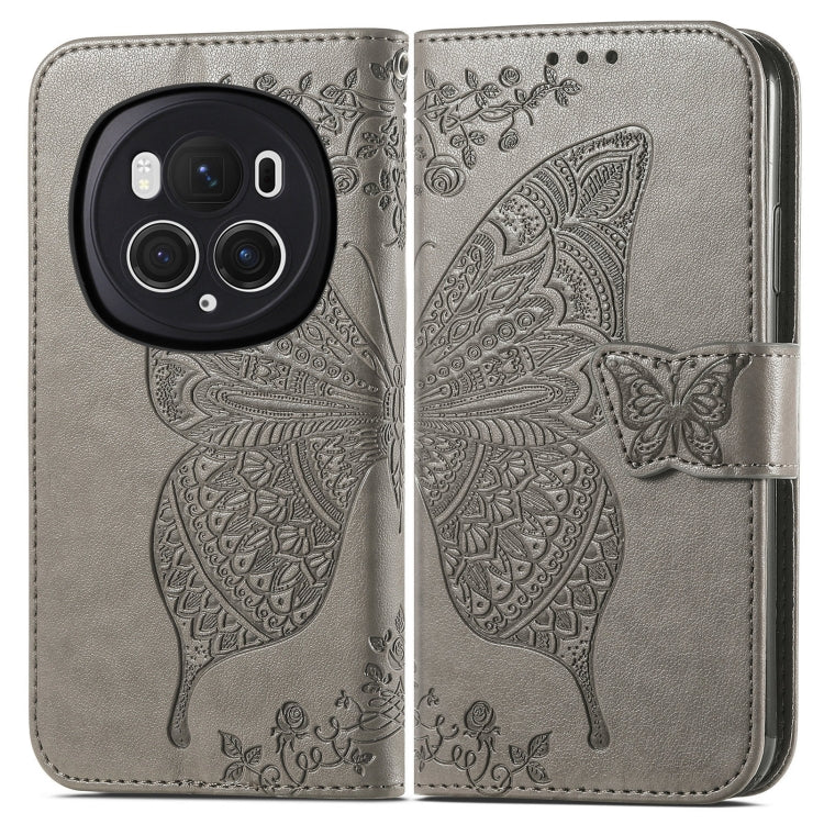 For Honor Magic6 Pro Butterfly Love Flower Embossed Leather Phone Case(Gray)