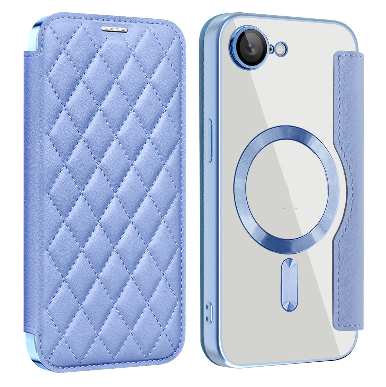 For iPhone 16e Shield Magsafe RFID Anti-theft Rhombus Leather Phone Case(Blue)