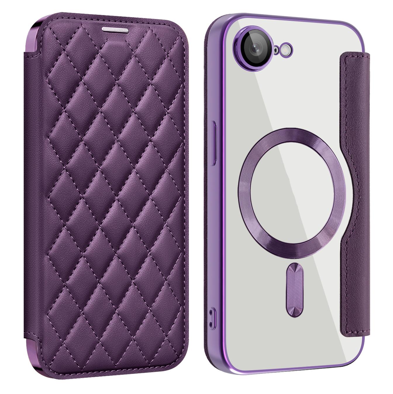 For iPhone 16e Shield Magsafe RFID Anti-theft Rhombus Leather Phone Case(Purple)