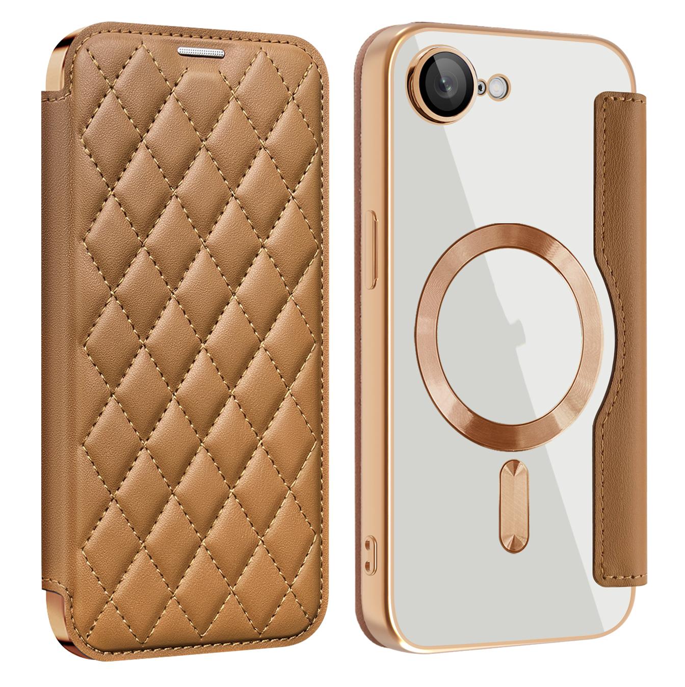 For iPhone 16e Shield Magsafe RFID Anti-theft Rhombus Leather Phone Case(Brown)